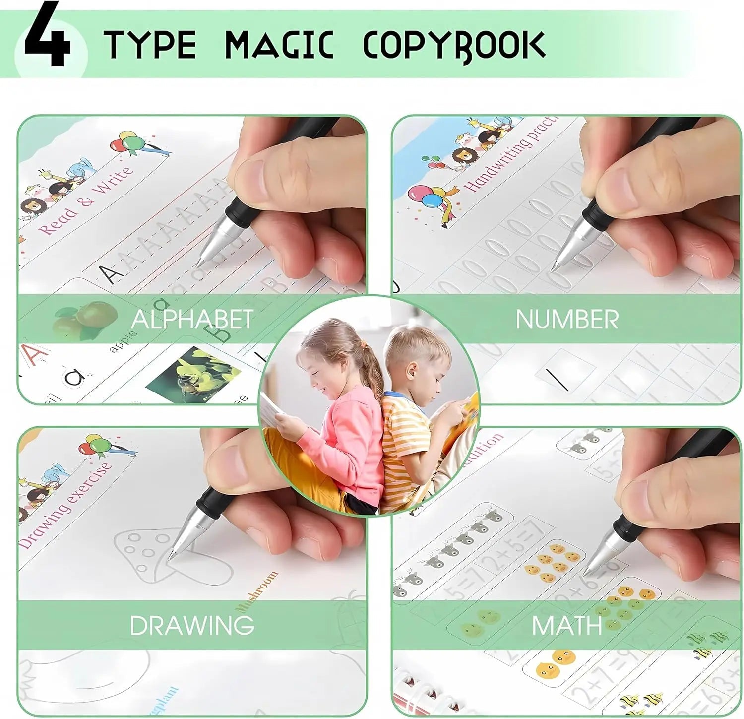 Kid's Magic Reusable CopyBook (10 Refill, 4 Book, 1 Pen, 1 Grip) QuickTech